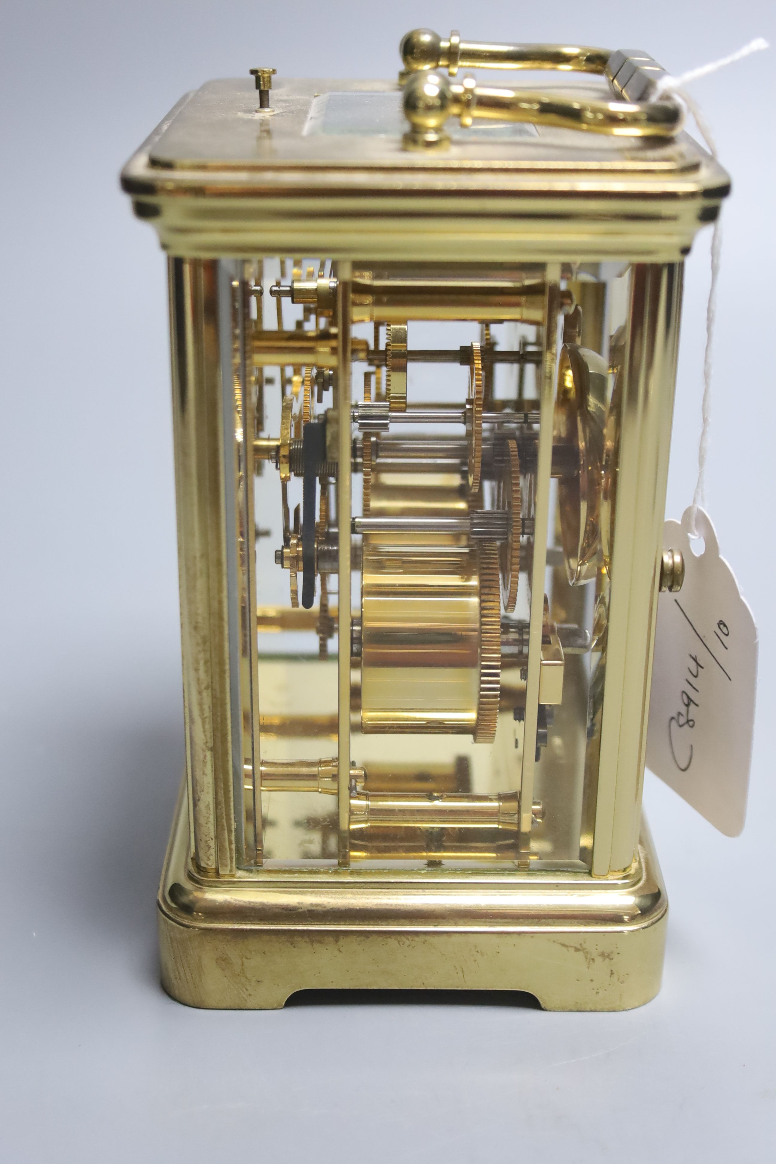 A brass cased hour repeating carriage clock, height 14.5cm